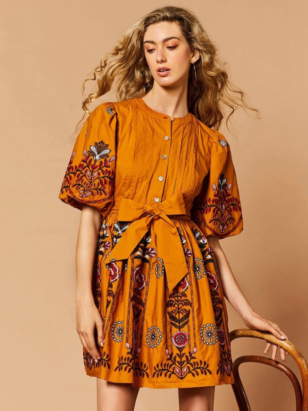 A Loves A Woven Floral Puff Sleeve Button Front Belted A-Line Flounce Dress Nwt